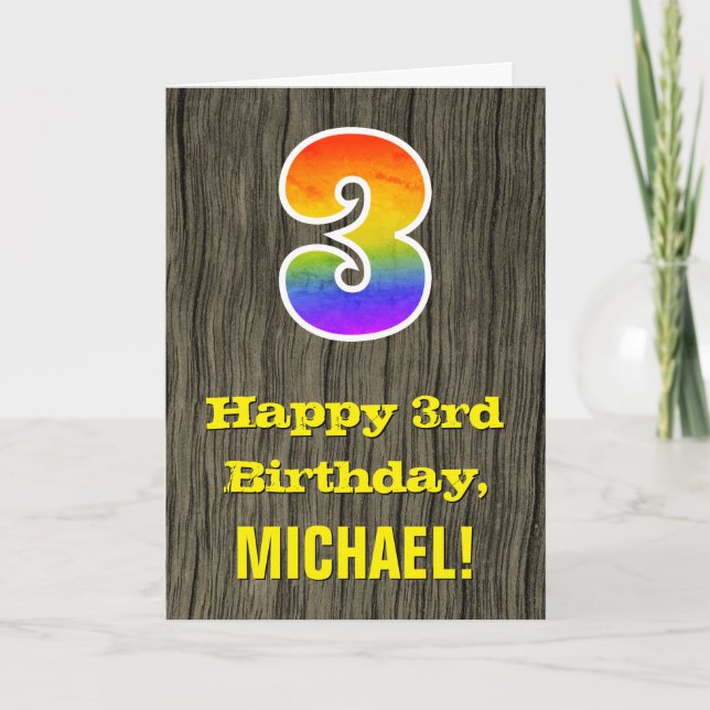3rd Birthday: Rustic Faux Wood Look, Rainbow "3" Card (Front)