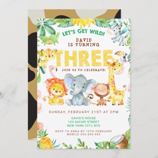 3rd Birthday Safari Animals Jungle Theme Zoo Three Invitation (Front/Back)