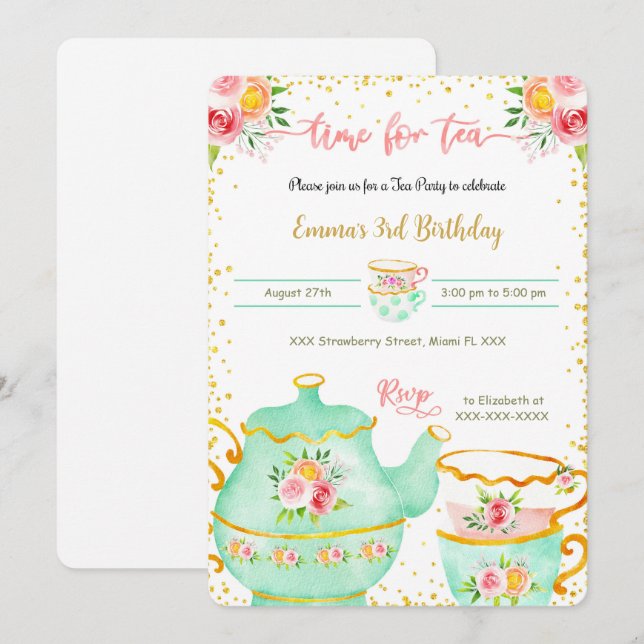 3RD Birthday Tea Party Invitation (Front/Back)