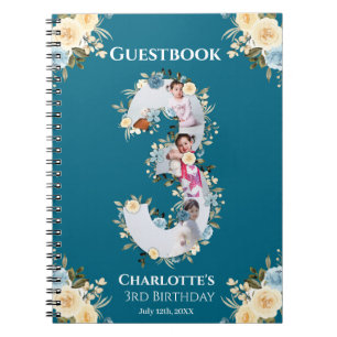 3rd Birthday Teal Photo Yellow Flower Guest Book
