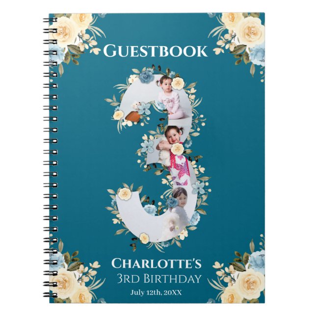3rd Birthday Teal Photo Yellow Flower Guest Book (Front)