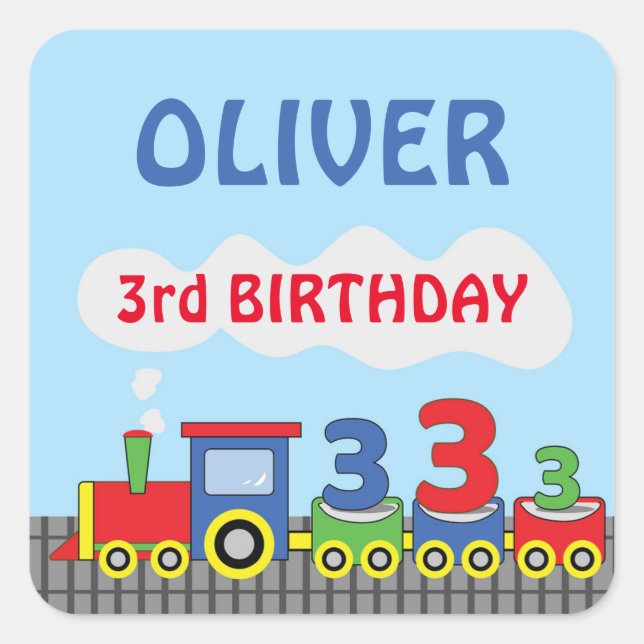 3rd Birthday Train Personalise Name Square Sticker (Front)