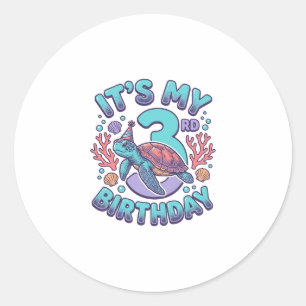 3rd Birthday Turtle Vintage Engraving Design_1 Classic Round Sticker