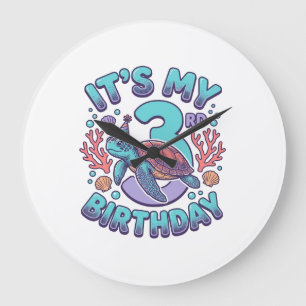 3rd Birthday Turtle Vintage Engraving Design_1 Large Clock