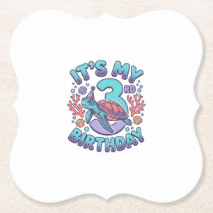 3rd Birthday Turtle Vintage Engraving Design_1 Paper Coaster