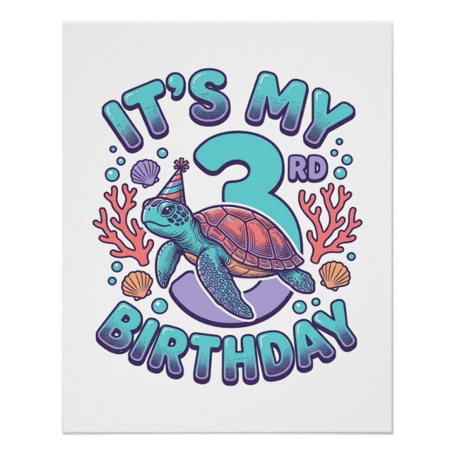 3rd Birthday Turtle Vintage Engraving Design_1 Poster (Front)