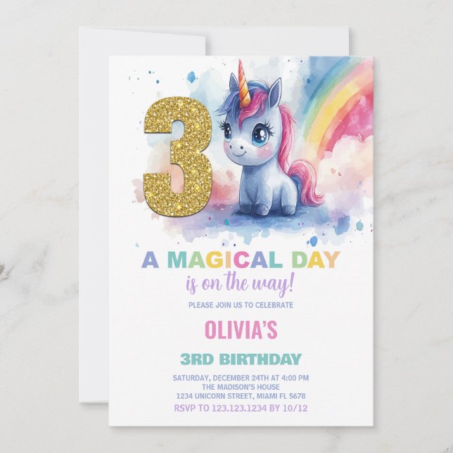 3rd Birthday Unicorn Birthday Invitations (Front)
