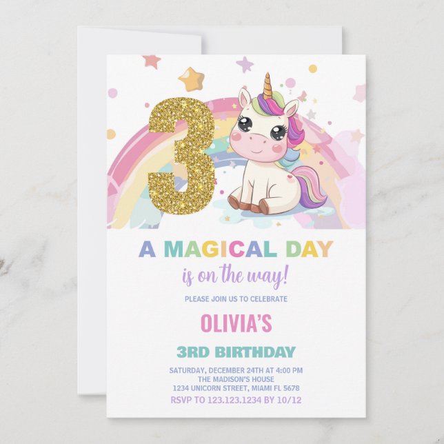 3rd Birthday Unicorn Birthday Invitations (Front)