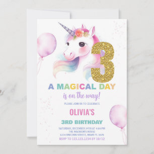 3rd Birthday Unicorn Birthday Invitations