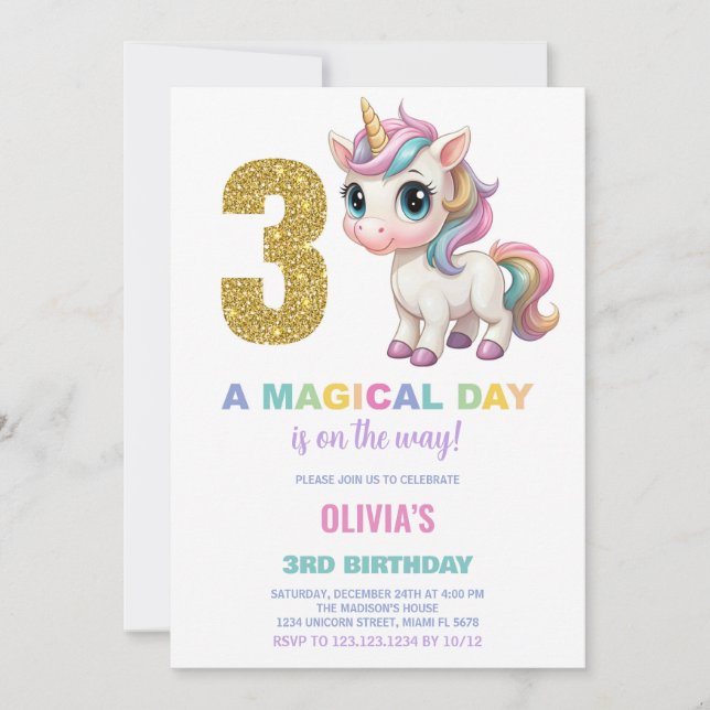 3rd Birthday Unicorn Birthday Invitations (Front)
