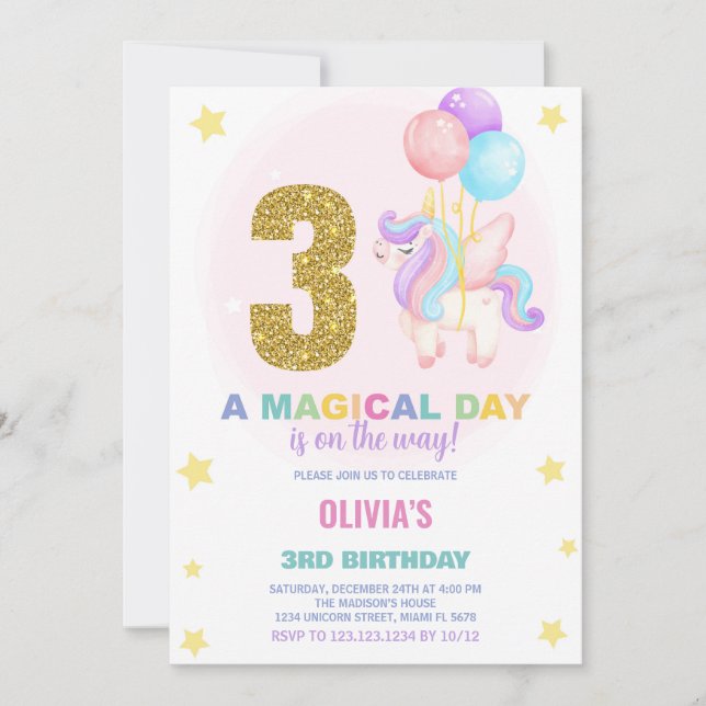 3rd Birthday Unicorn Birthday Invitations (Front)