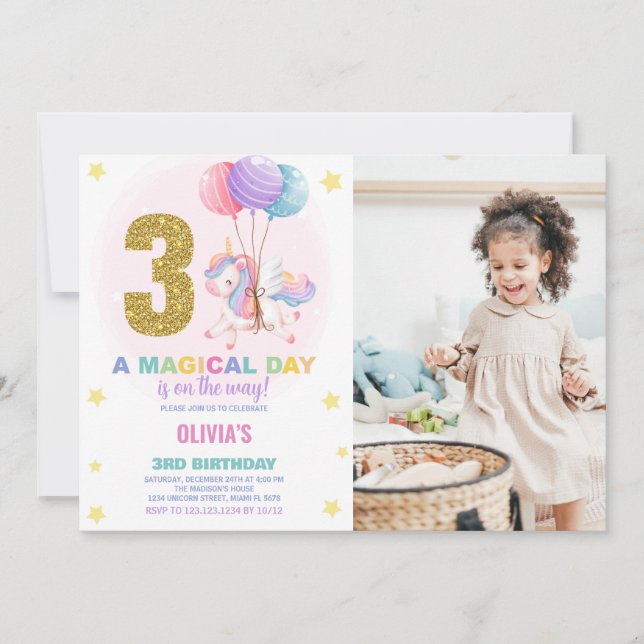 3rd Birthday Unicorn Birthday Invitations photo (Front)