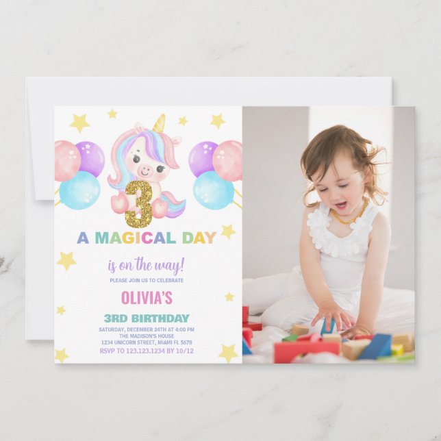 3rd Birthday Unicorn Birthday Invitations w photo (Front)