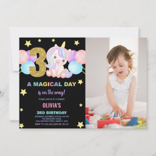 3rd Birthday Unicorn Birthday Invitations w photo