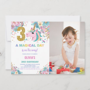3rd Birthday Unicorn Birthday Invitations w photo