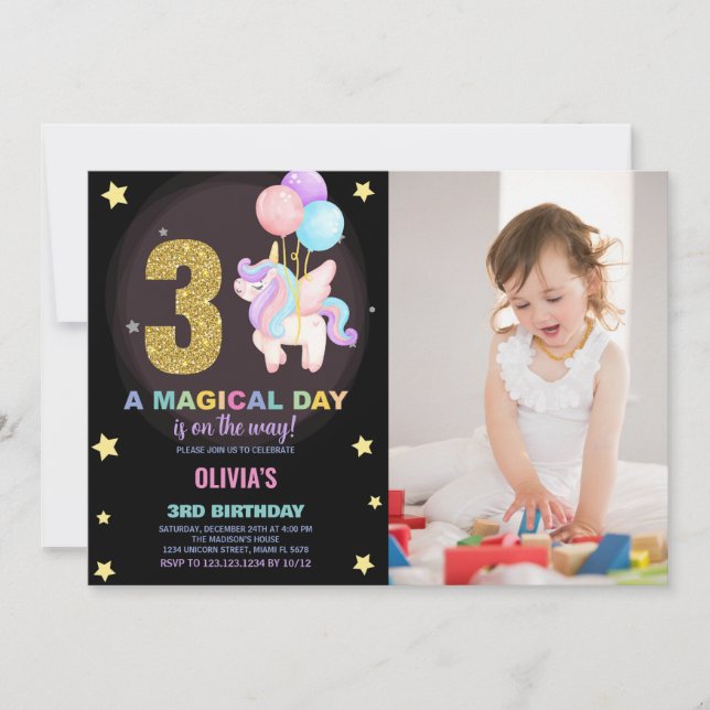 3rd Birthday Unicorn Birthday Invitations w photo (Front)