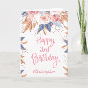 3rd Birthday Watercolor Botanical Pink Floral Card