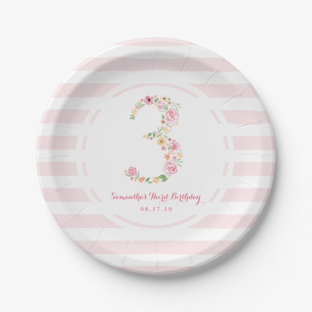 3rd Birthday Watercolor Floral THREE Paper Plate (Front)