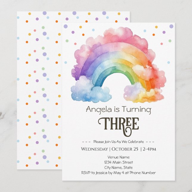 3rd Birthday Watercolor Rainbow Kids  Invitation (Front/Back)