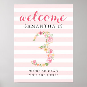 3rd Birthday Welcome Sign Pink Watercolor Florals