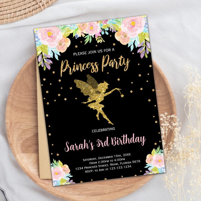 3rd Black Floral Princess Birthday Invitation (3rd Black Floral Princess Birthday Invitation)