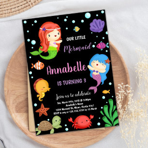 3rd Black Mermaids Birthday Invitations
