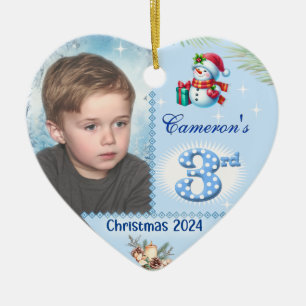 3rd Christmas Personalised Boy's Photo Heart Gift Ceramic Tree Decoration