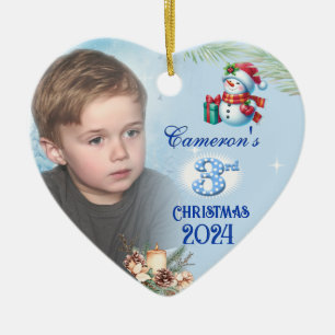 3rd Christmas Personalised Boy's Photo Heart Gift Ceramic Tree Decoration
