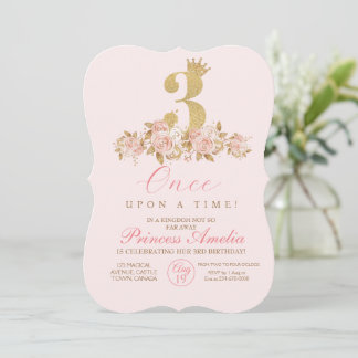 3rd Cute Pink Gold Crown Princess Birthday Invitation