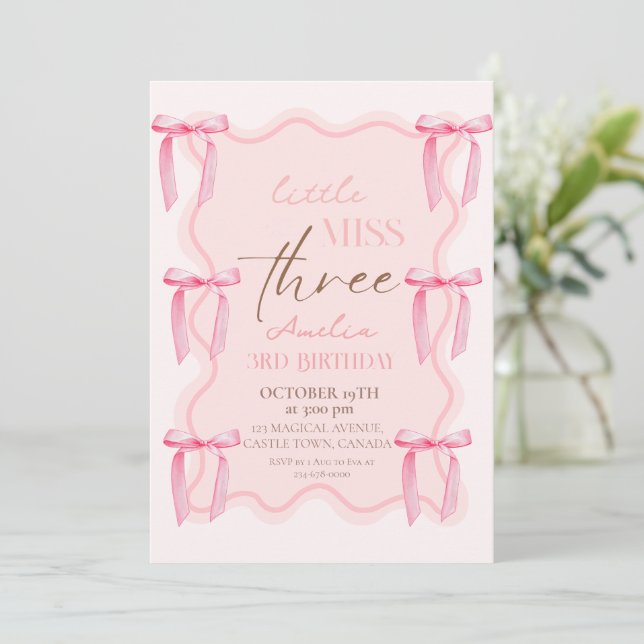 3rd Dusty Pink Bows Birthday Party Princess Invitation (Standing Front)