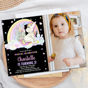 3rd Floral Black Photo Unicorn Birthday Invitation