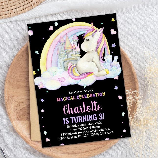 3rd Floral Black Unicorn Birthday Invitations (3rd Floral Black Unicorn Birthday Invitations)