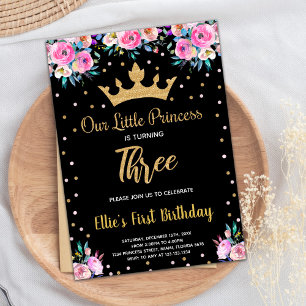 3rd Floral Crown Glitter Princess Birthday Invitation