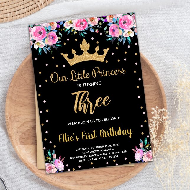 3rd Floral Crown Glitter Princess Birthday Invitation (3rd Floral Crown Glitter Princess Birthday Invitation)