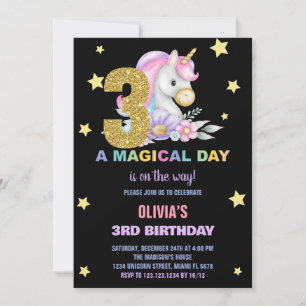 3rd Floral Unicorn Birthday Invitations