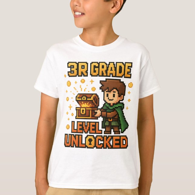 3rd Grade Level Unlocked Gamer T-Shirt – Pixel Adv (Front)