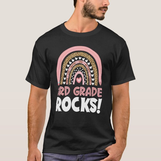 3rd Grade Rocks Teacher Girls Boys Rainbow Leopard T-Shirt (Front)
