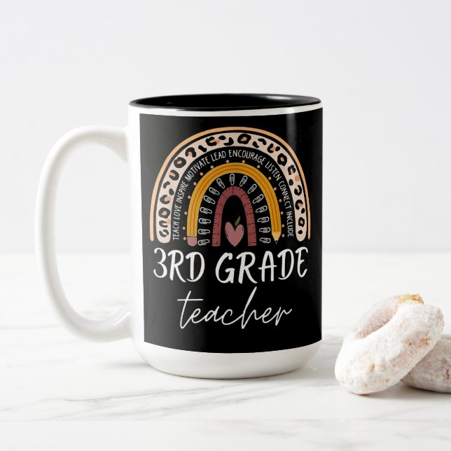 3rd grade teacher back to school leopard rainbow Two-Tone coffee mug (With Donut)