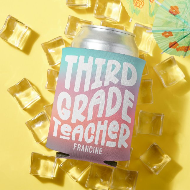  3rd Grade Teacher Pink Aqua Ombre Can Cooler (In Situ Summer)