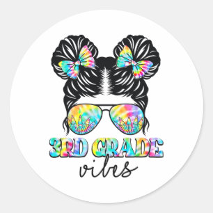 3rd Grade Vibes Messy Hair Bun Girl Ck To School F Classic Round Sticker