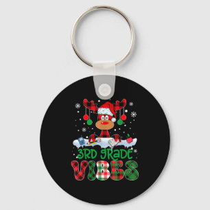 3rd Grade Vibes Teacher Buffalo Red Plaid Reindeer Key Ring