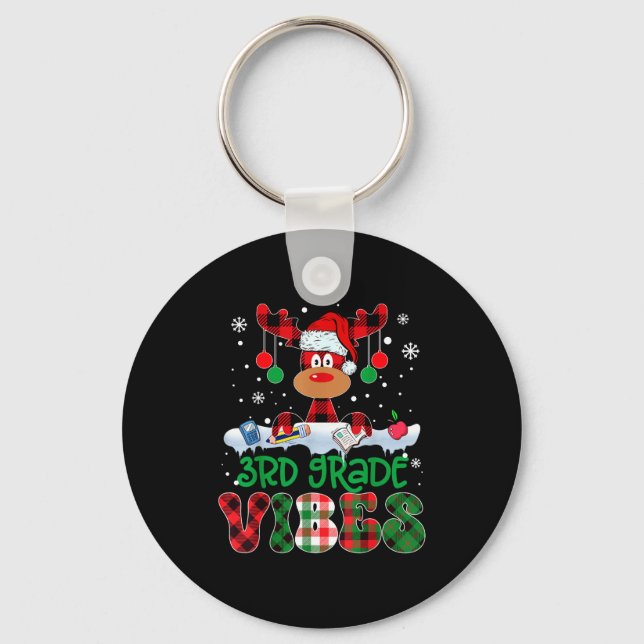 3rd Grade Vibes Teacher Buffalo Red Plaid Reindeer Key Ring (Front)