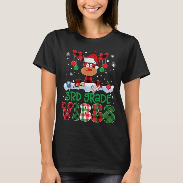 3rd Grade Vibes Teacher Buffalo Red Plaid Reindeer T-Shirt (Front)