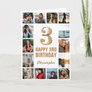 3rd Happy Birthday Gold and White Photo Collage Card