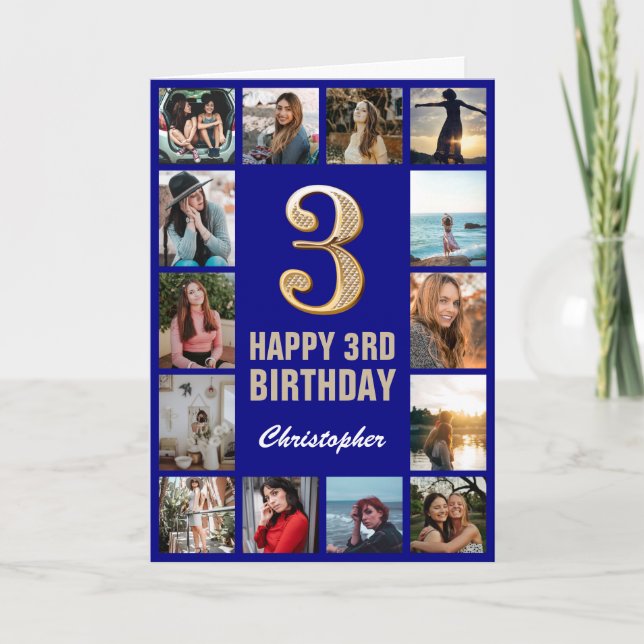3rd Happy Birthday Navy Blue & Gold Photo Collage Card (Front)