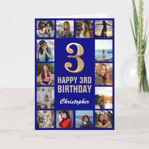 3rd Happy Birthday Navy Blue & Gold Photo Collage Card