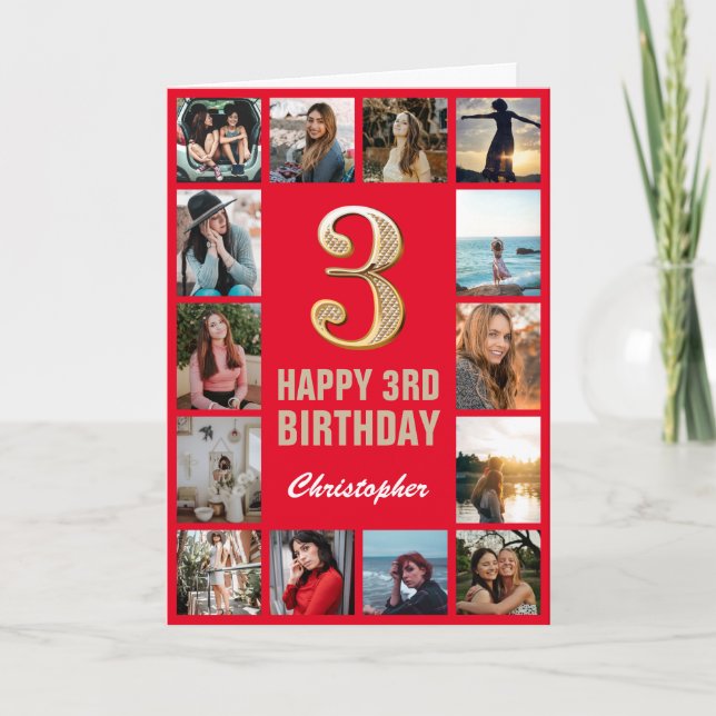 3rd Happy Birthday Red and Gold Photo Collage Card (Front)