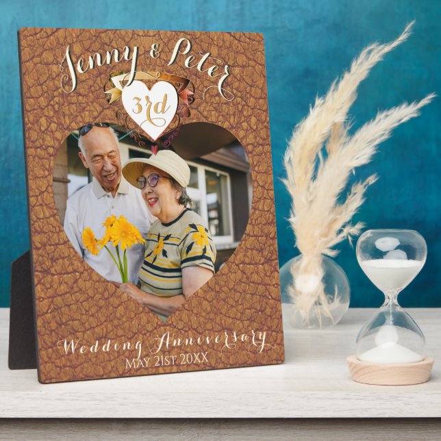 3rd Leather (Image)Wedding Anniversary Photo Heart Plaque (Side)