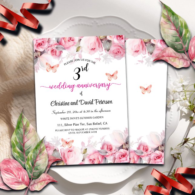 3rd Leather Wedding Anniversary Blush Roses Invitation (Creator Uploaded)