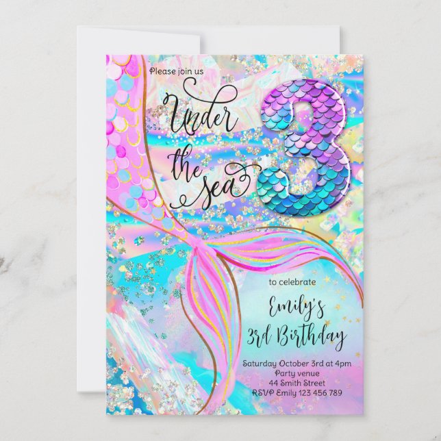 3rd Mermaid Birthday Under the Sea Invitation (Front)